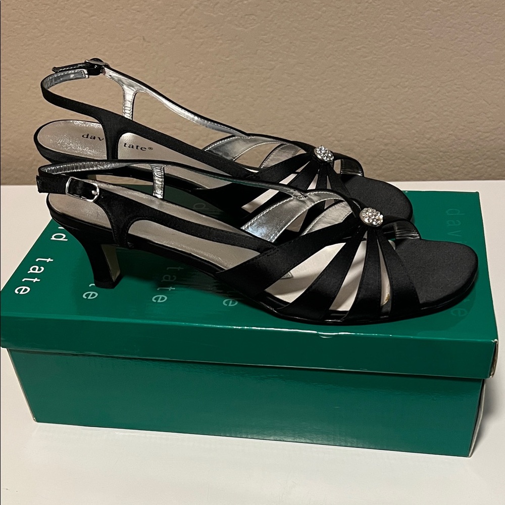 David Tate Black Strappy Heels with Rhinestone Accents
